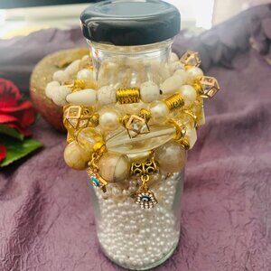 Evil Eye Charm Translucent Agate, Riverstone, Magnesite & Crystal Bracelet Set